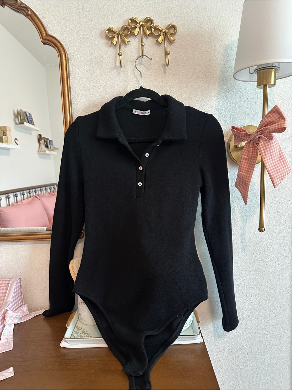 Zara Black Long-Sleeve Polo-Style Bodysuit